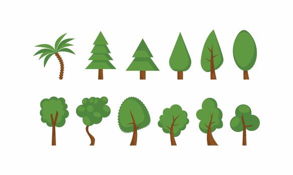Diverse collection of cartoon flat trees and plants. Perfect for game assets, maps, and nature graphic design vector