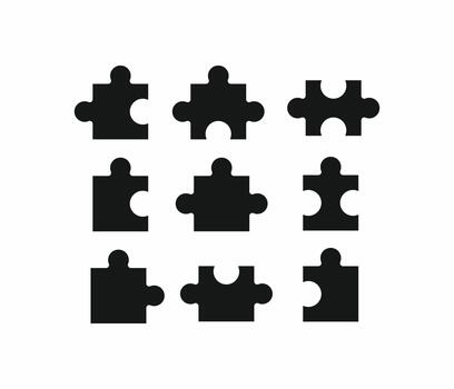 conjunto de nueve separar rompecabezas rompecabezas piezas. negro silueta íconos para problema resolviendo, conexión, trabajo en equipo, y idea Generacion conceptos vector