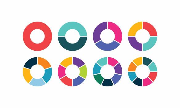 Vibrant donut chart infographics set with various segments for data analysis, finance, annual reports, and dashboard design vector
