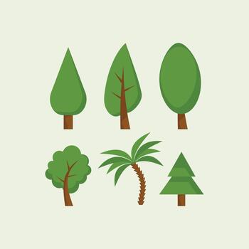 Set of various green tree illustrations, including pine, palm, and deciduous shapes. Nature, park, and ecological flat elements vector