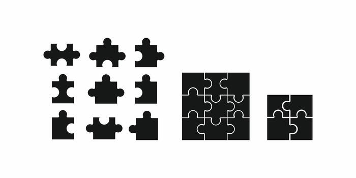 rompecabezas rompecabezas piezas icono colocar. negro silueta de separar y ensamblado partes en blanco antecedentes. problema resolviendo, equipo trabajar, negocio concepto vector