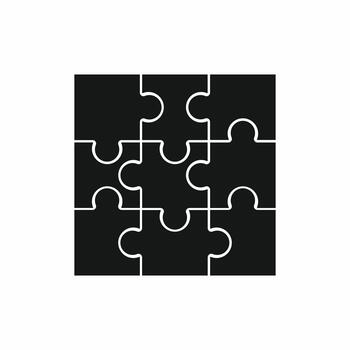 Completed nine-piece jigsaw puzzle icon. Black square graphic symbolizing strategy, teamwork, business solution, and system integration. Flat design element vector
