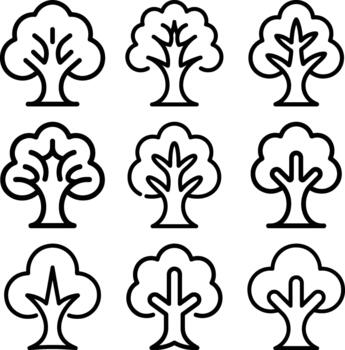 Collection of simple outline tree icons in a grid layout vector