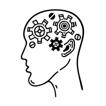 Thought process concept icon. Human head in profile. Gears, cogs rotating in the brain. Symbol of brainstorming, artificial intelligence, biohacking. Hand drawn clipart, black and white doodle vector