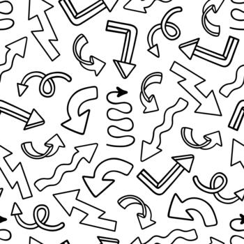 Arrows seamless pattern. Hand drawn black and white pointers. Wavy directional sign, outline arrow pointing down, up, left, right. Flat simple doodle. Ornament for business, decoration, design vector