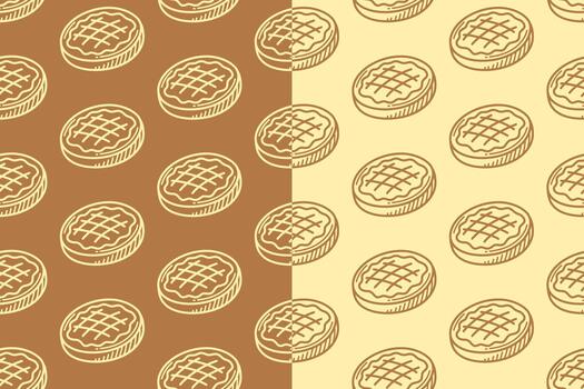 Waffle cakes line art seamless pattern on tan white background set for bakery. Backed cookie engraving doodle pattern background for pastry. Round biscuit hatching motif wallpaper for restaurant vector