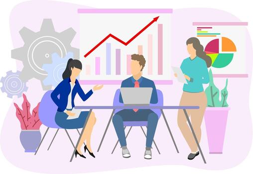 Business team working together with charts, graphs, and laptop. Modern office illustration showing data analysis, teamwork, strategy planning, and professional collaboration for content vector