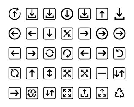 Directional Arrow Icon Set. Diverse collection of 35 black outline and solid icons for web and mobile application UI UX, indicating move, download, forward, and backward functions. vector