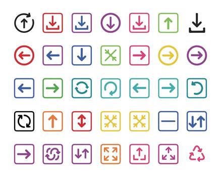 vistoso flecha icono colocar. vibrante colección de 35 dirección y navegación símbolos, Perfecto para infografía, presentación diapositivas, marketing, y moderno digital interfaz diseño. vector