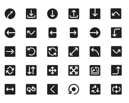 flecha icono colocar. colección de 30 negro direccional símbolos, incluso curvo, zigzag, y Derecho punteros para web navegación, usuario interfaz ui, y moderno gráfico diseño. vector