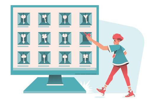 Managing Passwords and Login Information Illustrated by Man Organizing Key On the Screen vector