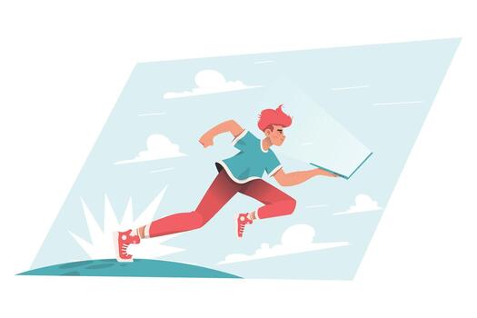 mejorado Internet conexión velocidad ilustrado por un persona corriendo con un ordenador portátil vector