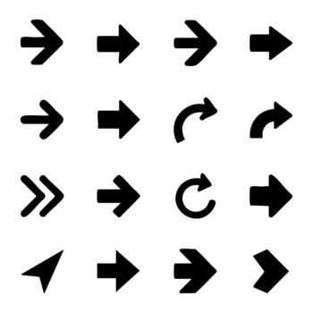 Sixteen black arrow icons representing various directions and navigation symbols for user interface and web applications vector