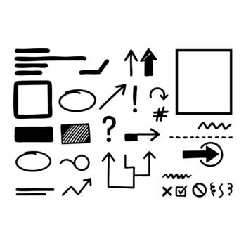 Hand drawn sketch symbols arrows and various shapes for annotation or flowchart diagrams isolated on a clean white background vector