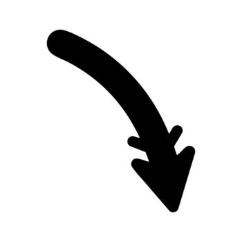 sólido negro flecha icono con un suave hacia abajo curva representando dirección fluir o un disminución vector