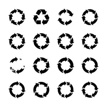 Collection of black recycling and refresh arrow icons in various circular forms suitable for web and environmental themes vector