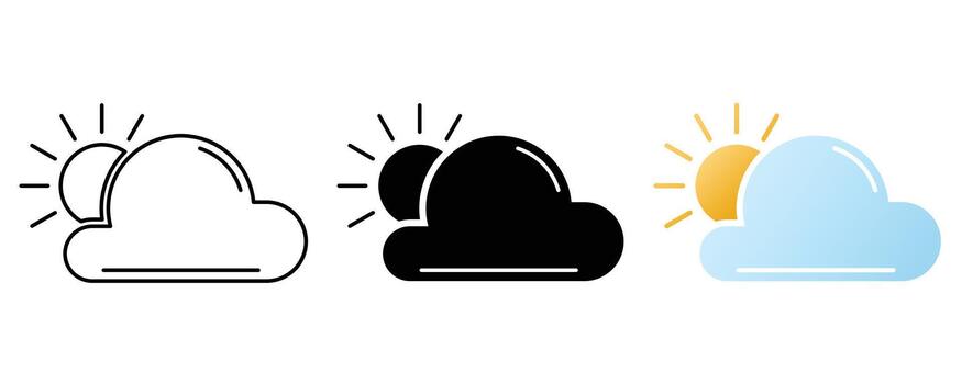 Cloudy weather icon in outline, black, and gradient color vector