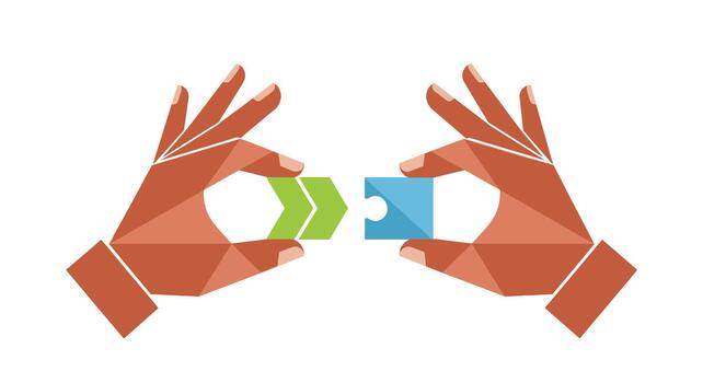 Hands holding puzzle pieces, one green with arrows and the other blue, isolated on, symbolizing connection and solution vector