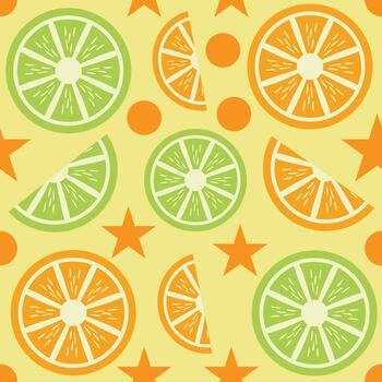 Citrus fruit pattern with orange and lime slices, stars, and dots on yellow background. vector