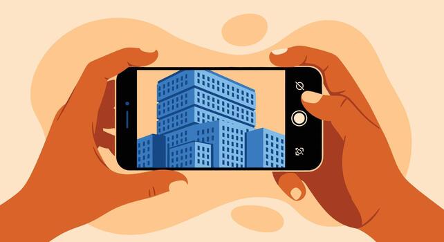 Hands hold a smartphone displaying a modern blue building, representing real estate, architecture, or property viewing vector