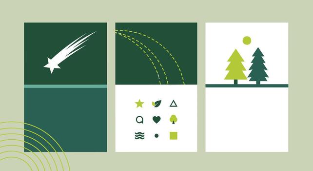 A layout of graphic design elements including a shooting star, a rainbow, trees, and icons arranged on a green and vector