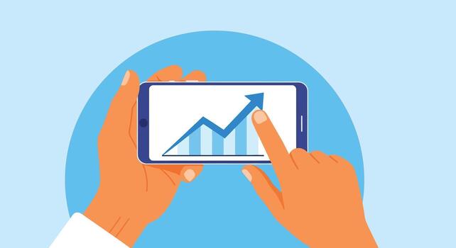 Hands holding a phone with an upward trending graph, symbolizing business growth and success in the digital age isolated on vector