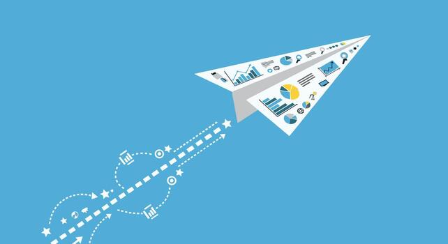 Paper airplane with charts and graphs flying through a blue sky, symbolizing business growth and data analysis vector