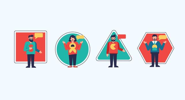 Diverse figures holding flags within geometric shapes, representing different communication styles vector