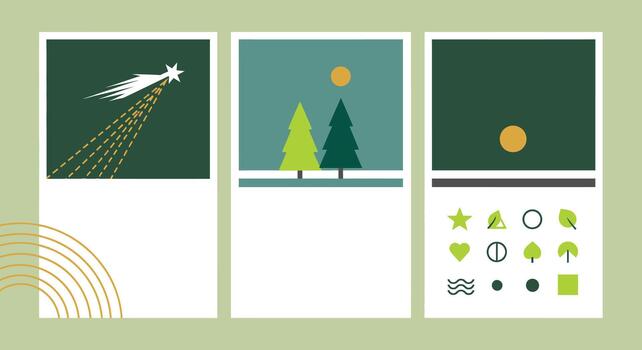 A triptych of minimalist illustrations featuring a comet, trees under a sun, and various icons vector
