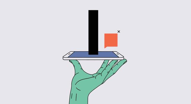 One hand holds a phone with a black bar and a speech bubble, symbolizing digital communication and potential online challenges vector