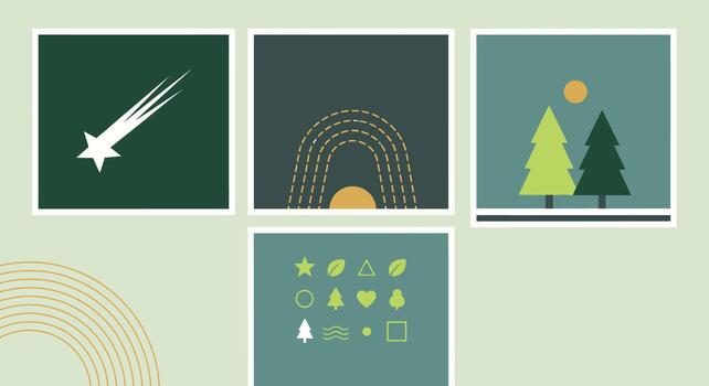 A collection of four graphic design elements including a shooting star, a rainbow, trees, and icons on a muted green background vector