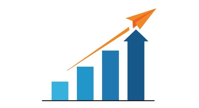 A paper airplane soaring upwards over a bar graph, symbolizing growth and success, isolated on vector