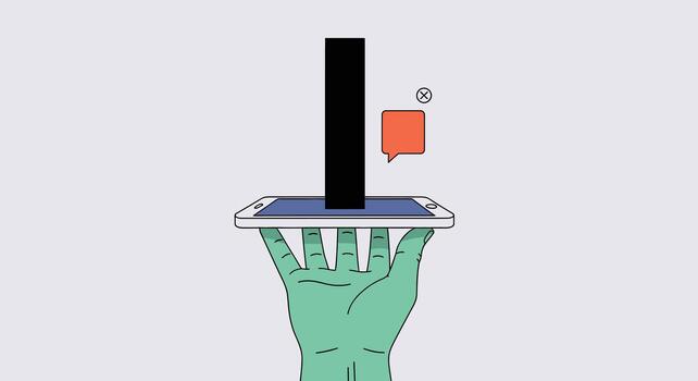 A hand holds a phone with a black bar and a speech bubble, symbolizing digital communication and potential online challenges vector