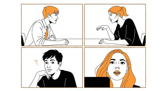 Four people are depicted in a conference call, isolated on, each in their own square frame, engaged in conversation vector