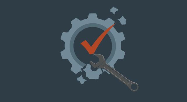 A wrench and a checkmark over gears with scattered fragments, indicating a completed repair with minor debris vector