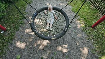 en 2 år gammal litet barn i shorts gungor på en Spindel webb gunga på en värma sommar dag. en litet barn pojke gungor på en lekplats i en plats. underhållning för en barn på en lekplats video
