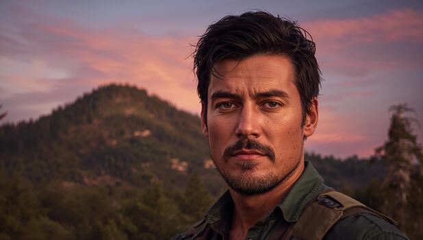 a close-up, intense portrait of a rugged, adventurous man with a mustache and beard, looking directly at the camera against a mountain backdrop at sunset photo