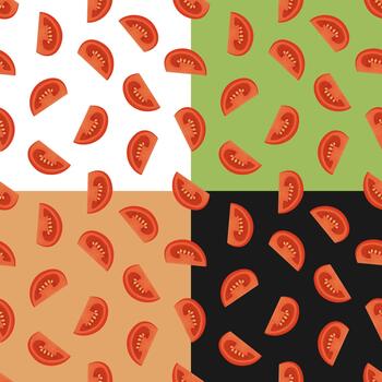 Set of seamless patterns with sliced tomato. Tomato wedges and slices for salad vector