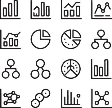 Collection of hand drawn black and white data charts and graphs icons bar chart line graph vector