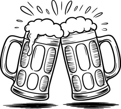 dos cerveza tazas tintinamente con espumoso espuma y chapoteo líneas brindis salud vector