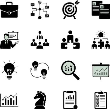 Business strategy icons including briefcase target flowchart lightbulbs and charts documents vector