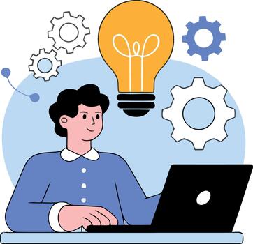 Person at laptop with lightbulb and gears representing ideas and work computer vector