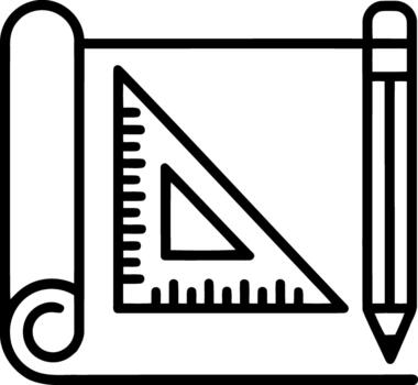 Blueprint scroll with triangle ruler and pencil drawing lines rolled paper set square vector