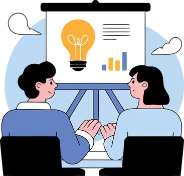 dos personas mirando a un presentación tablero con un bombilla y bar gráfico negocio reunión idea vector