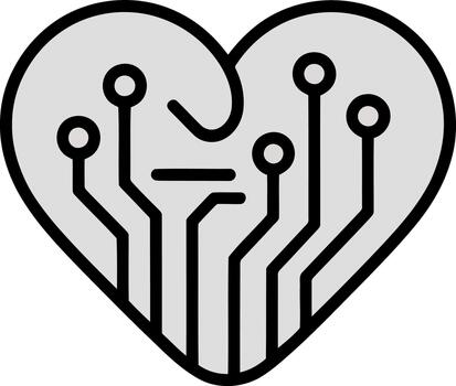 Heart shaped circuit board with black lines and light gray fill technology electronics vector