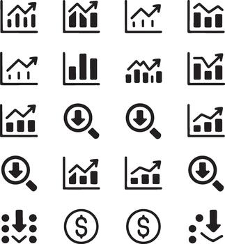 Collection of black and white icons representing financial charts and data analysis graph bar chart vector