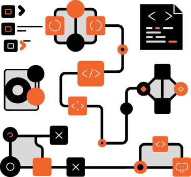 Abstract flowchart with code symbols and geometric shapes in orange black and gray diagram process vector