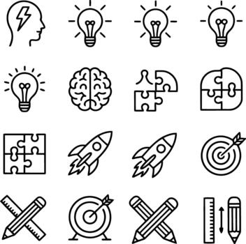 lluvia de ideas idea bombilla rompecabezas cohete objetivo lápiz regla íconos pensando vector
