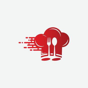 Red chef hat logo with fork, spoon, and speed lines for fast culinary service vector