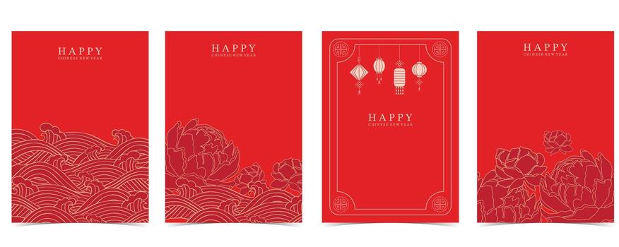 Chinese new year on red background with flower, peony,lantern and minimal line frame vector